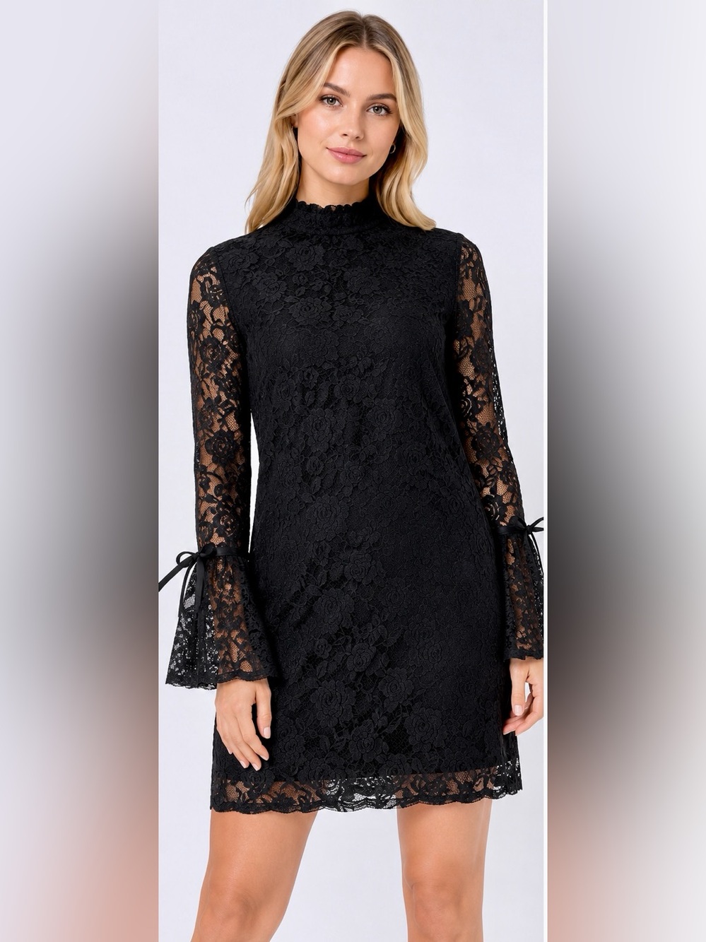 NWT Libby Edelman Black Floral Lace Bell Sleeve Mock Neck Dress Small